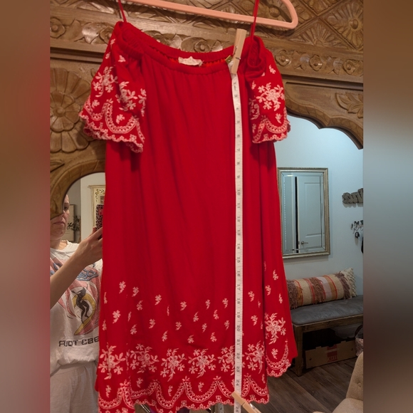 Altar'd State- Red Off-Shoulder Dress Or Tunic with White Embroidery - Picture 10 of 16
